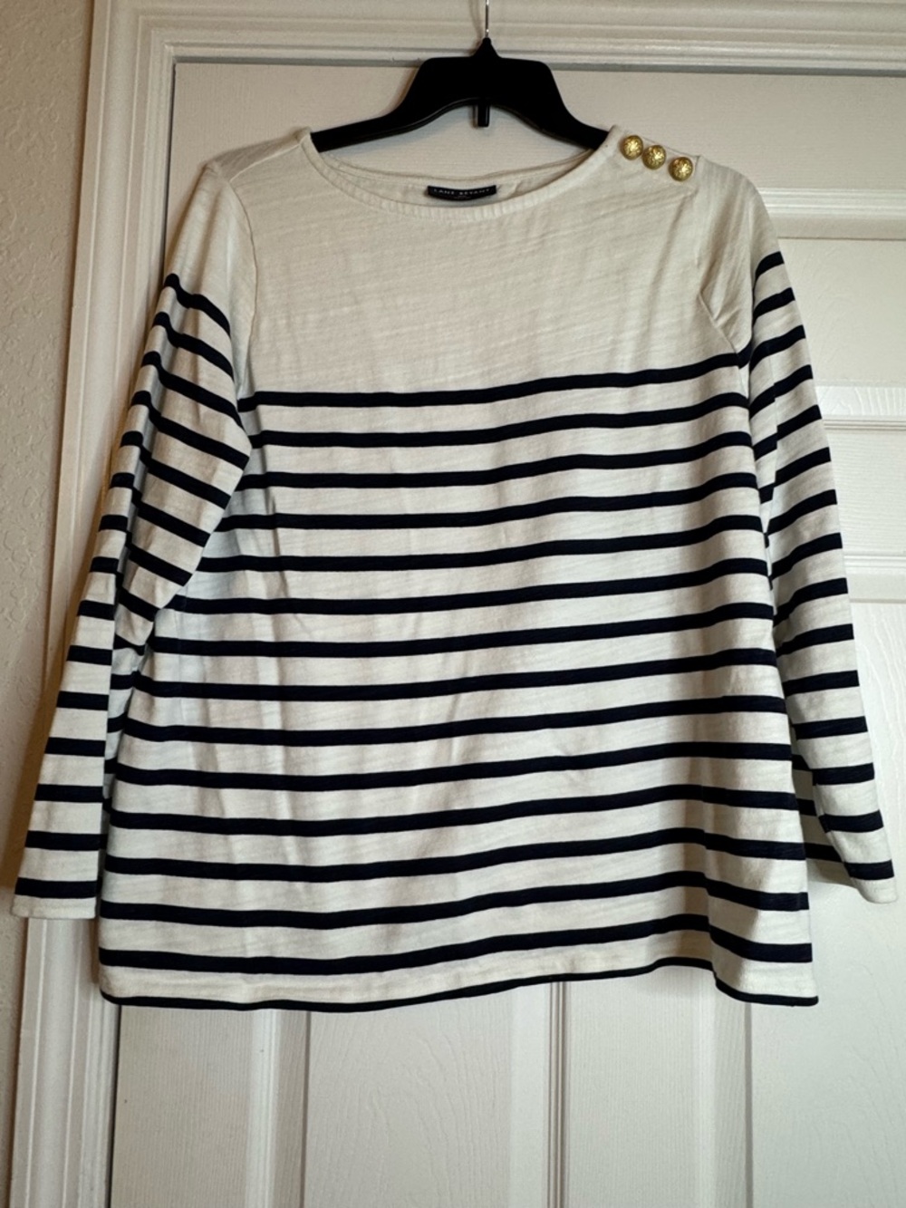Lane Bryant Navy and White Striped Long Sleeve Top with Gold Buttons